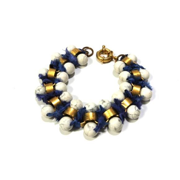 NWT Neiman Marcus Lee Angel Women's Howlite NAVY Fringe Brass Bracelet NWT 189 - Picture 2 of 10